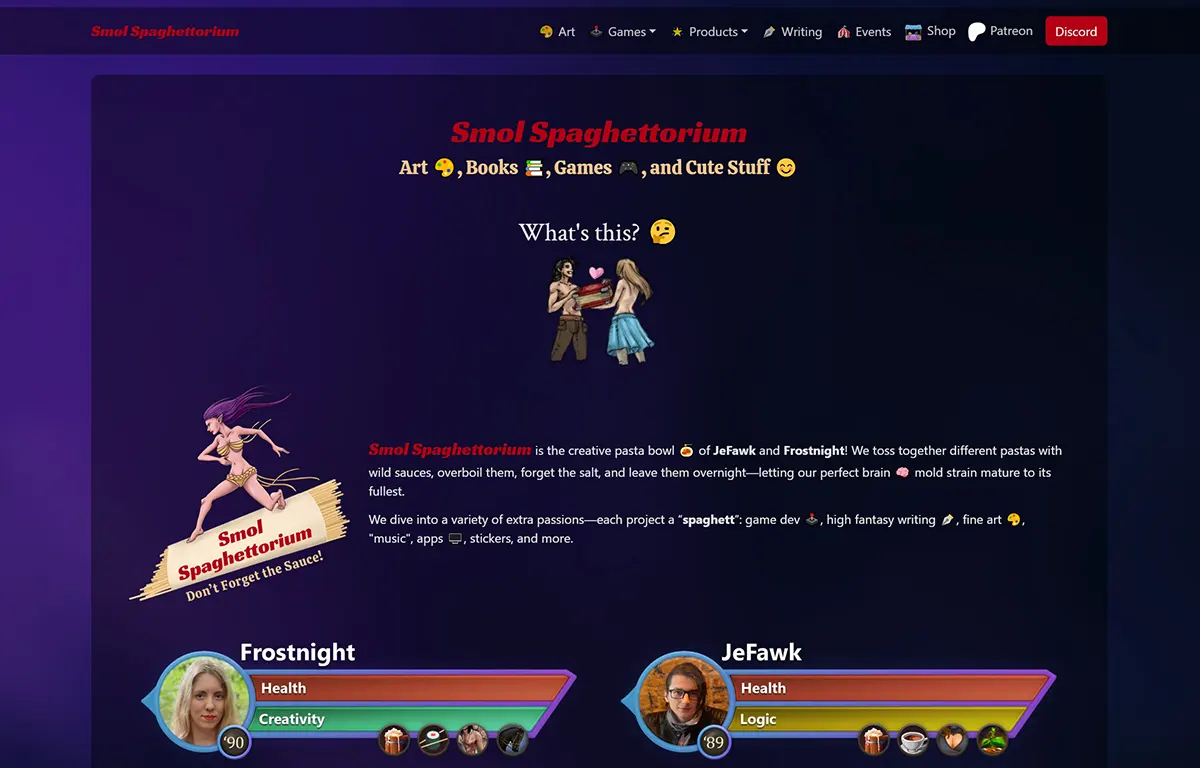 Spaghettorium.com website, a hub for our game dev adventures, art, writing, and more.